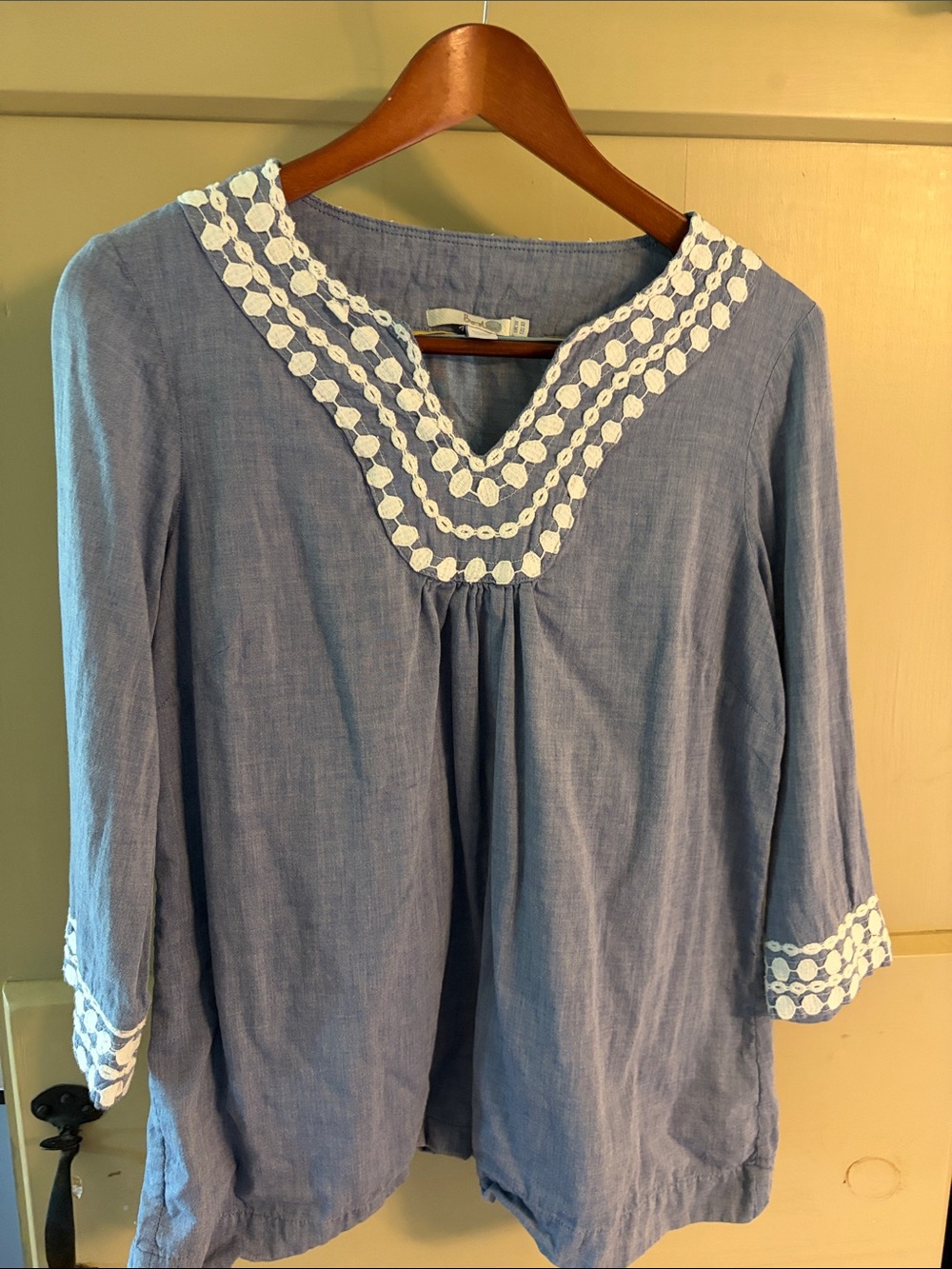 Boden Light Blue V-Neck Tunic with White Crochet Trim